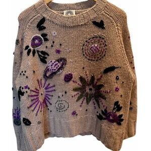 Happy Sheep Embroidered Wool Blend Sweater XS Beige Boho Chunky Knit Floral